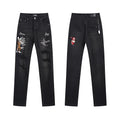 Men's Luxury Charcoal Black Destroyed Denim with Retro Jazz Musician Patches
