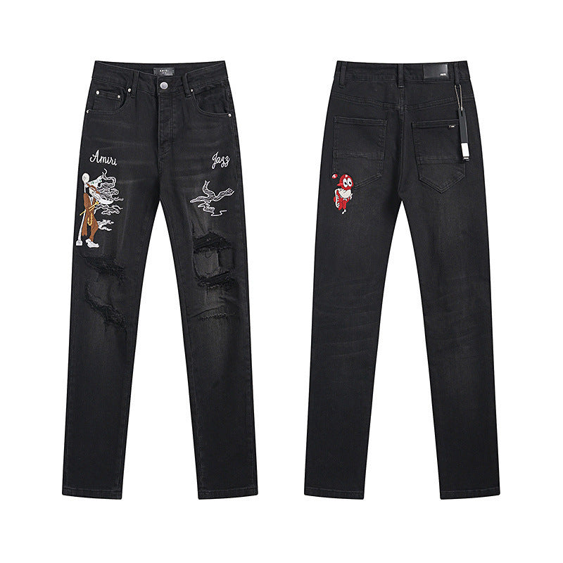 Men's Luxury Charcoal Black Destroyed Denim with Retro Jazz Musician Patches