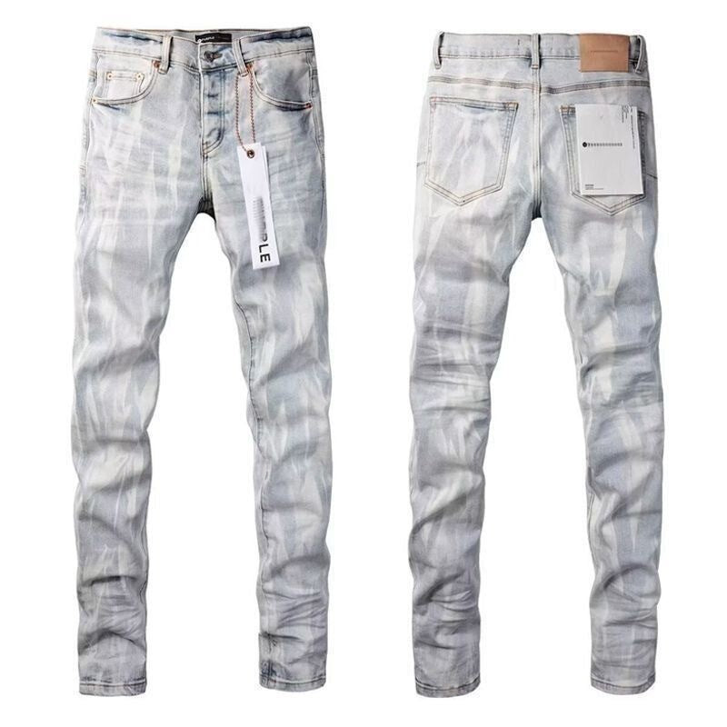 Luxury Light Wash Denim with 3D Resin Whiskers & Marble Wave Pattern