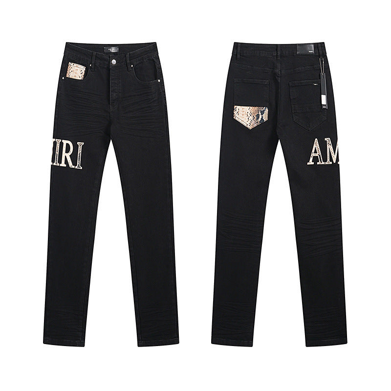 Men's Luxury Solid Black Denim with Exotic Snake-Skin Monogram Applique