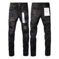 Luxury Destroyed Charcoal Denim with Multi Shredded Frayed Knee Blowouts