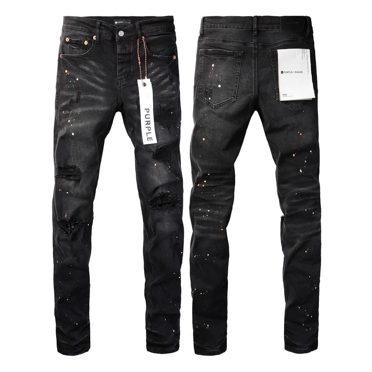 Luxury Destroyed Charcoal Denim with Multi Shredded Frayed Knee Blowouts