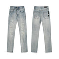 Men's Luxury Vintage Blue Denim with Multi-Slash Shredded Blowouts