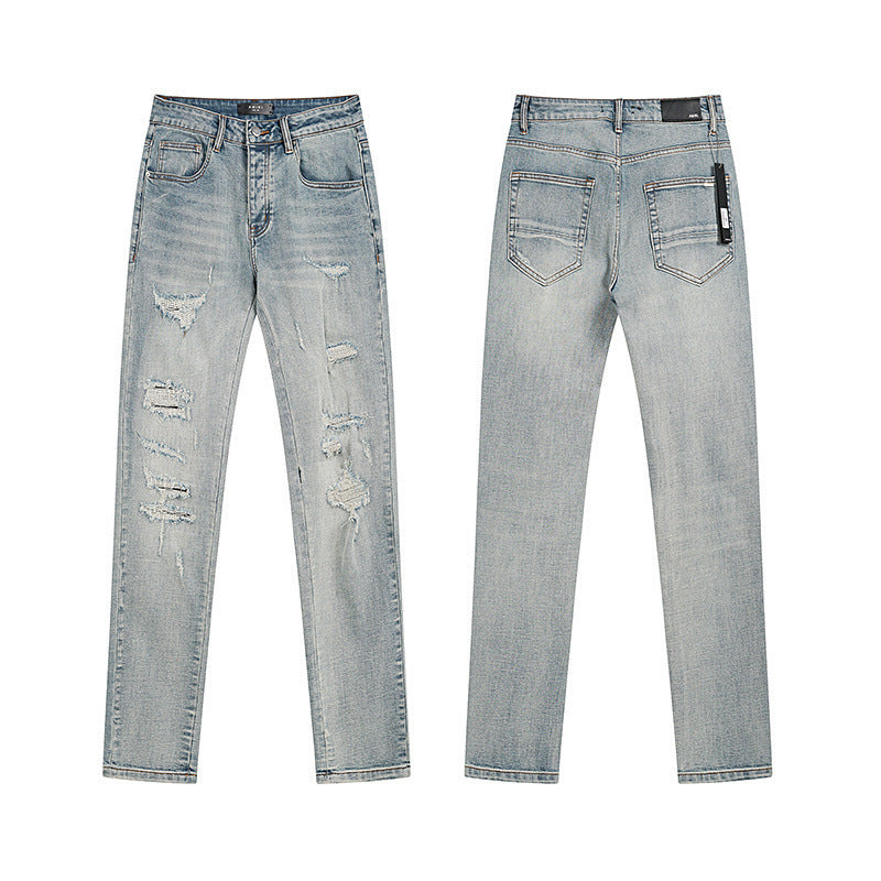 Men's Luxury Vintage Blue Denim with Multi-Slash Shredded Blowouts