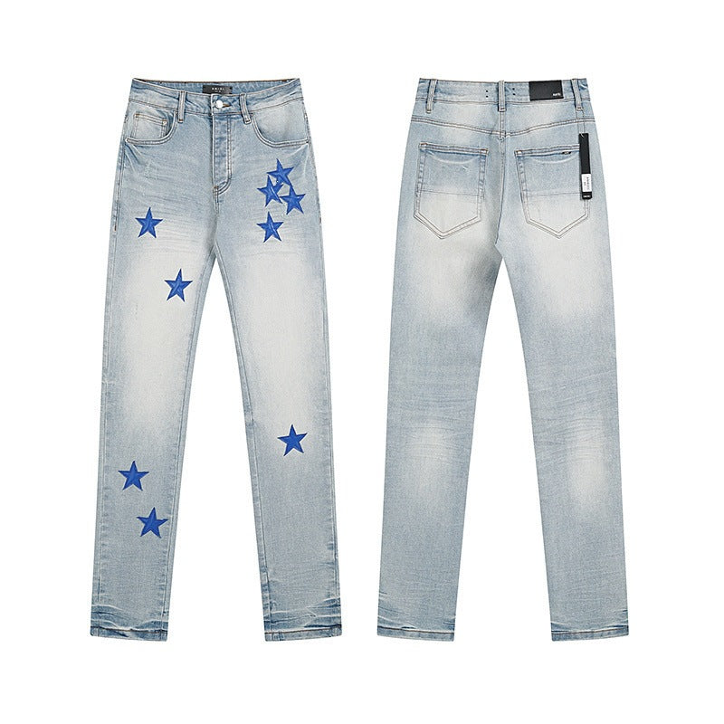 Men's Luxury Light Wash Jeans with Scattered Star Appliques