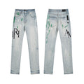 Men's Luxury Light Blue Denim with Green Paint Splatters & Brushstrokes