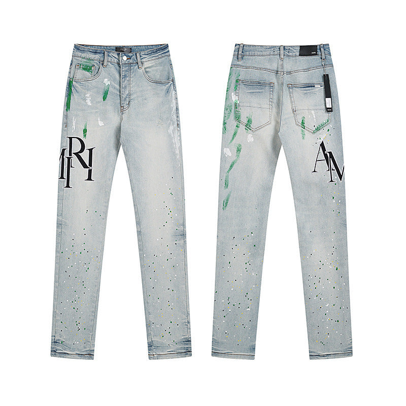 Men's Luxury Light Blue Denim with Green Paint Splatters & Brushstrokes