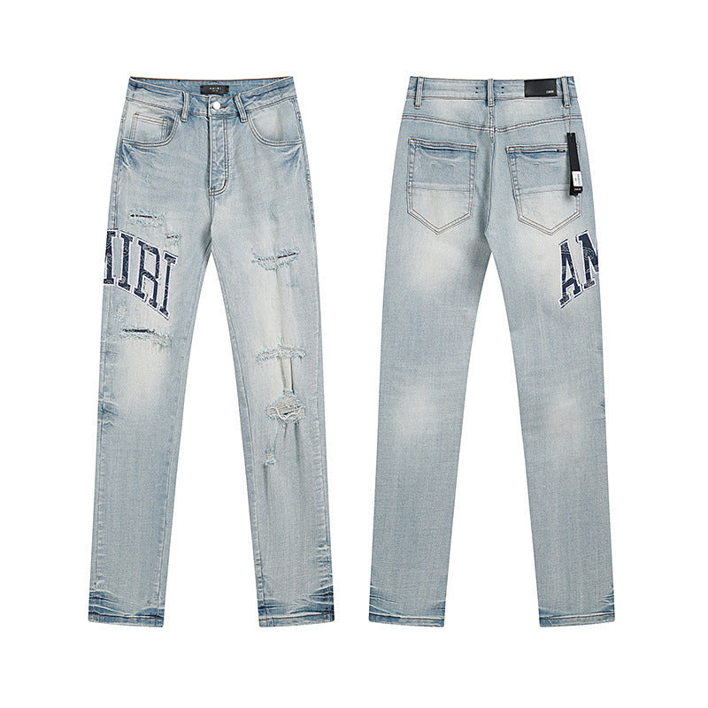 Men's Luxury Light Blue Denim with Dark Blue Paisley Varsity Lettering