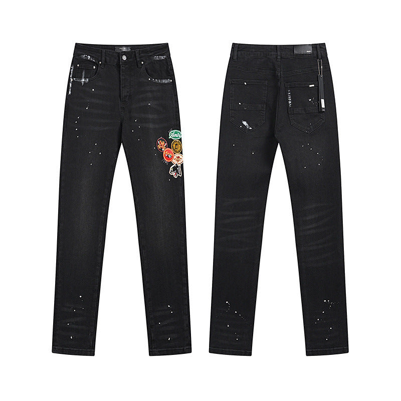 Men's Luxury Charcoal Black Denim with Custom Embroidered Mascot Patches