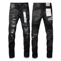 Luxury Charcoal Punk Denim with Multi Shredded Holes & Frayed Plaid Patchwork