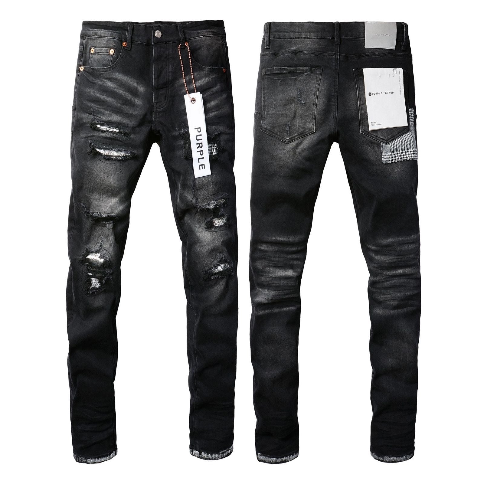 Luxury Charcoal Punk Denim with Multi Shredded Holes & Frayed Plaid Patchwork