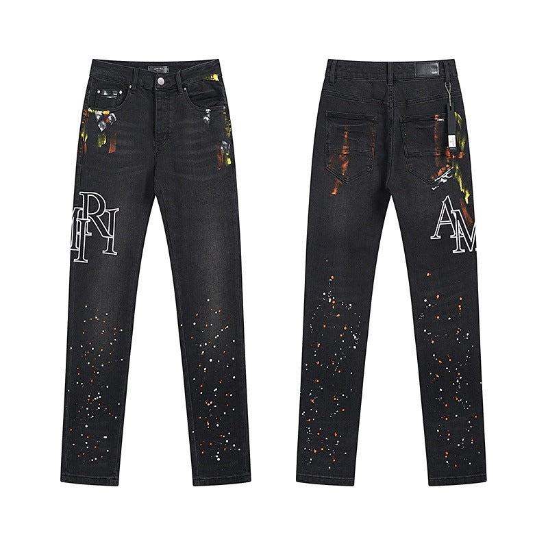 Men's Luxury Black Denim with Fire-Orange Paint Splatters & Brushstrokes
