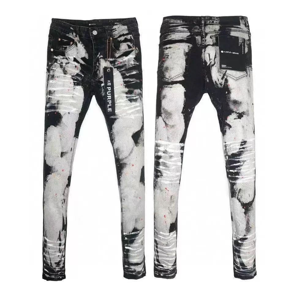 Luxury Black & White Splattered Denim with Dense Horizontal Resin Crinkles