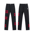 Men's Luxury Charcoal Denim with Crimson Geometric Rope-Stitch Patches