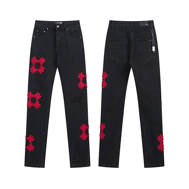 Men's Luxury Charcoal Denim with Crimson Geometric Rope-Stitch Patches
