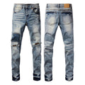 Luxury Distressed Indigo Denim with Deconstructed Denim Patch & Cross Stitching