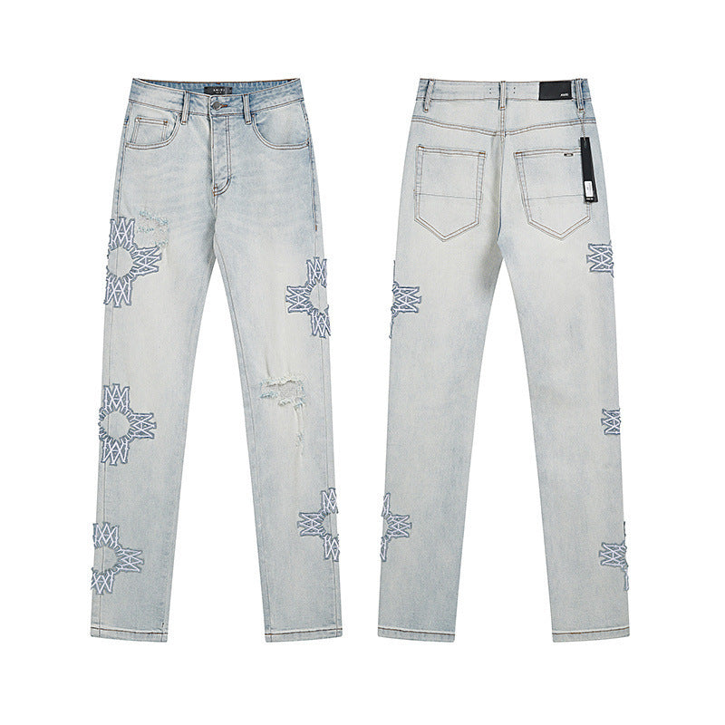 Men's Luxury Light Blue Distressed Denim with Frayed Radial Star Appliques