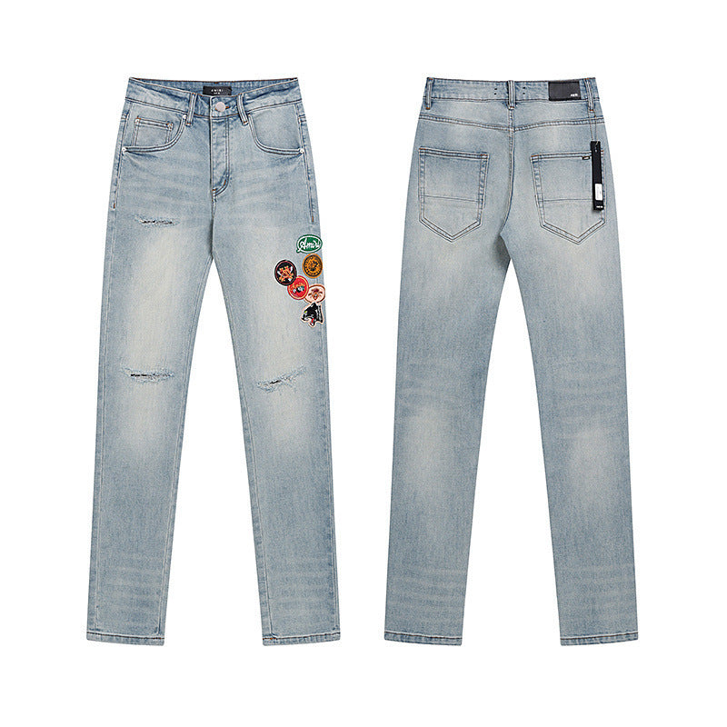 Men's Luxury Bleach Indigo Denim with Custom Embroidered Mascot Patches