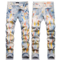 Luxury Light Indigo Snow Wash Denim with Artistic Impressionist Oil Paint Splatters