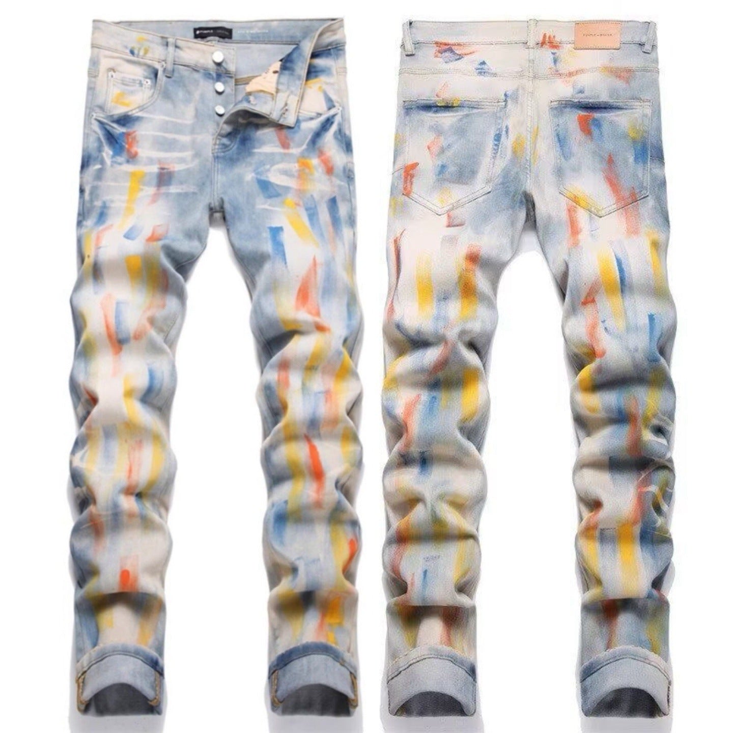 Luxury Light Indigo Snow Wash Denim with Artistic Impressionist Oil Paint Splatters