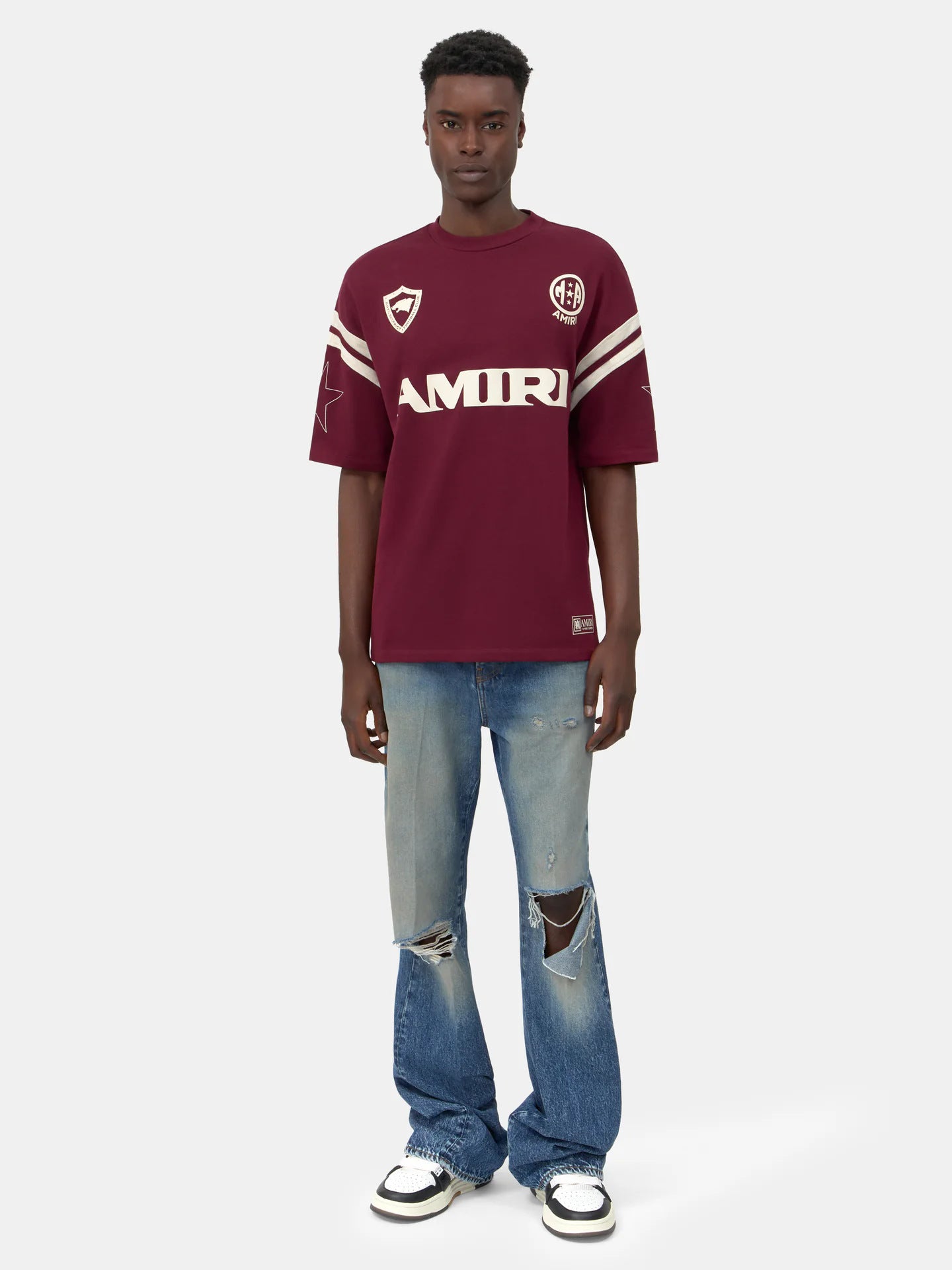 Men's Luxury Maroon Blockcore Racing Stripe "AMIRI" Logo Tee