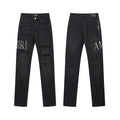 Men's Luxury Black Denim with Distressed White Varsity Lettering