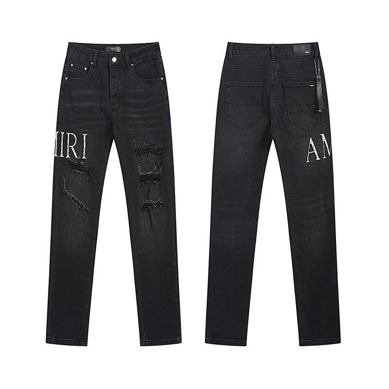 Men's Luxury Black Denim with Distressed White Varsity Lettering