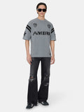 Men's Luxury Heather Grey Blockcore Racing Stripe "AMIRI" Logo Tee