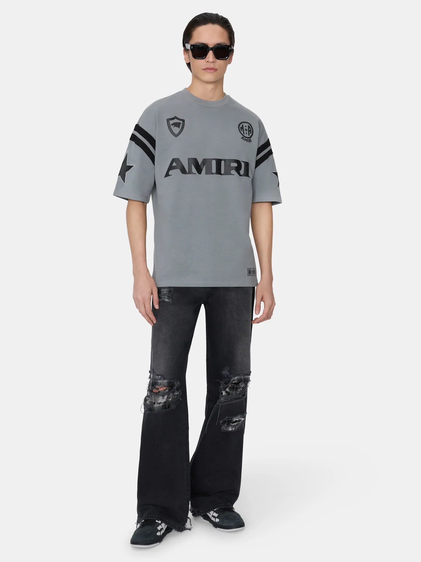 Men's Luxury Heather Grey Blockcore Racing Stripe "AMIRI" Logo Tee