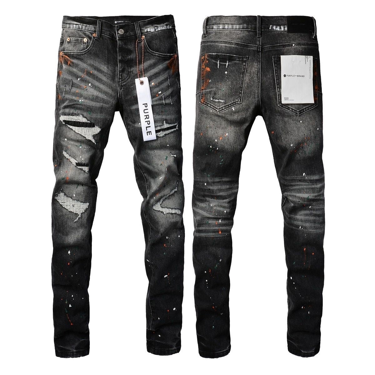 Luxury Charcoal Punk Denim with Multi Shredded Holes & Rust Orange Dye Stains