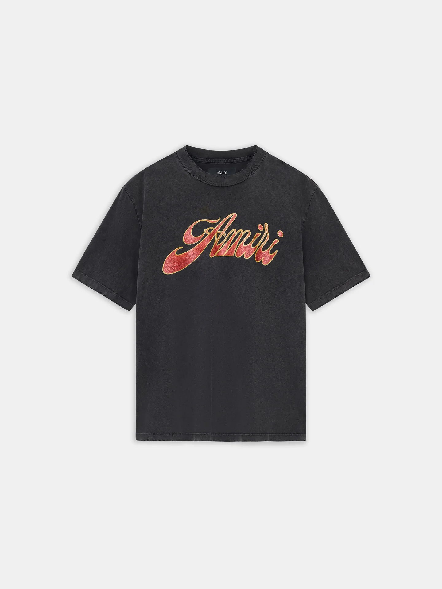 Men's Luxury Charcoal Grey Distressed Collar "Amiri" Glitter Tee
