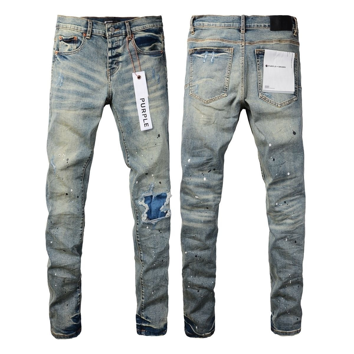 Luxury Charcoal Punk Denim with Orange & White Paint Splatters