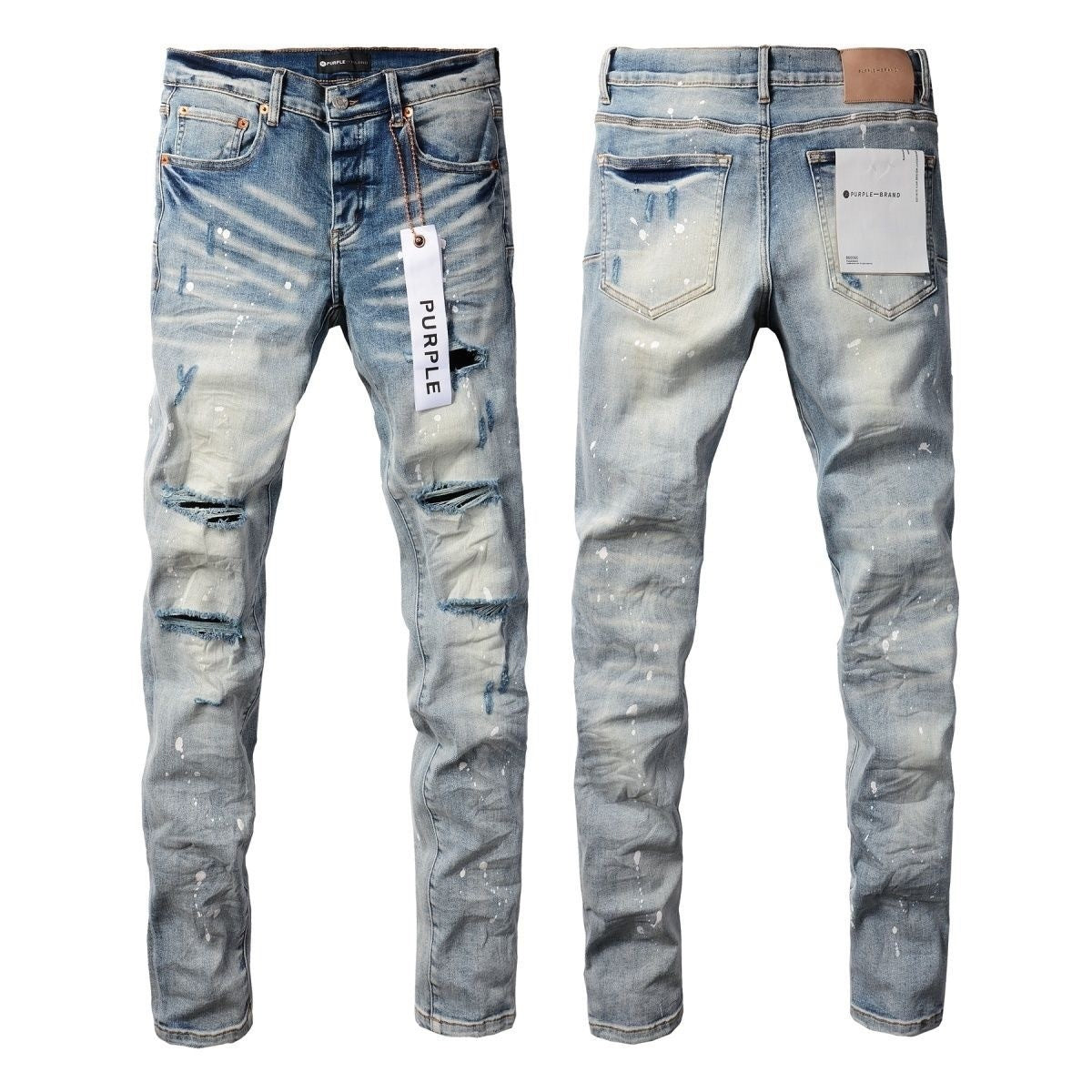 Luxury Distressed Denim with Black & White Paint Splatters & 3D Whiskers