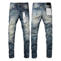 Luxury Light Indigo Denim with Heavy Frayed Knee Cutouts & White Paint Splatters