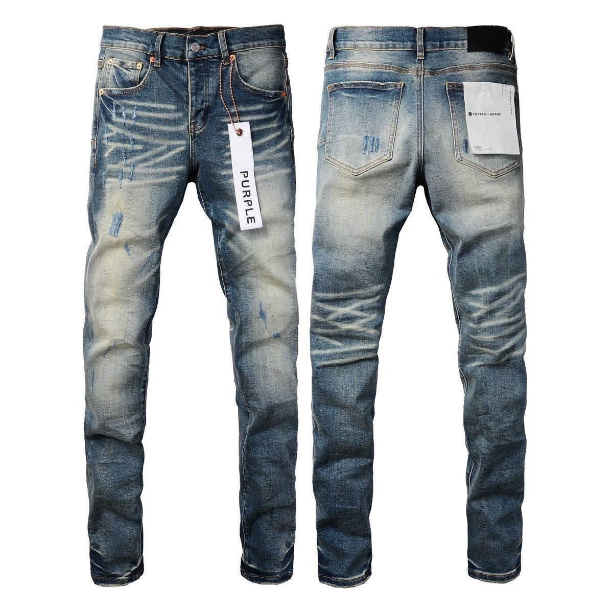Luxury Light Indigo Denim with Heavy Frayed Knee Cutouts & White Paint Splatters