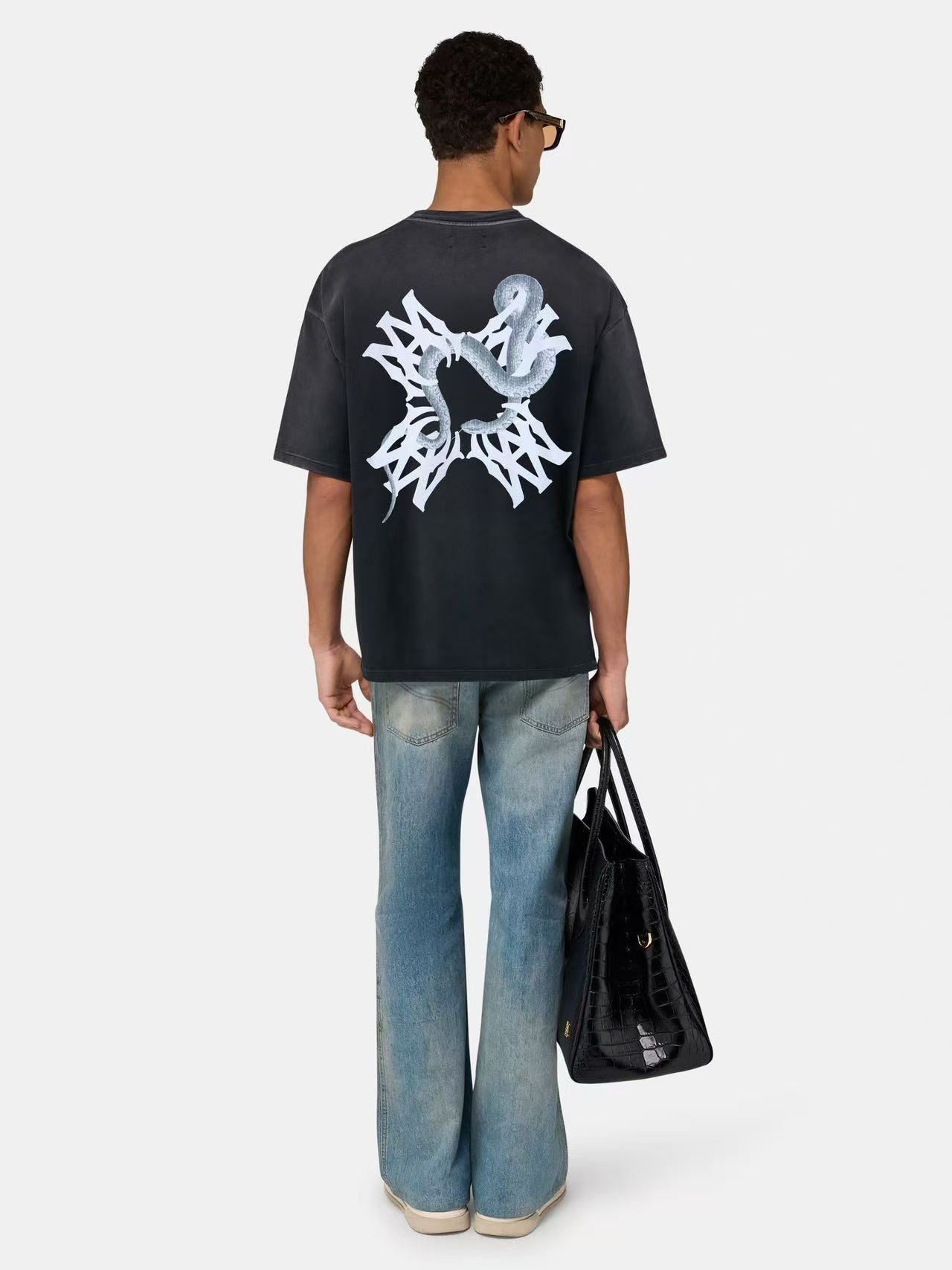 Men's Luxury Faded Charcoal "MA" Monogram Python Graphic Tee