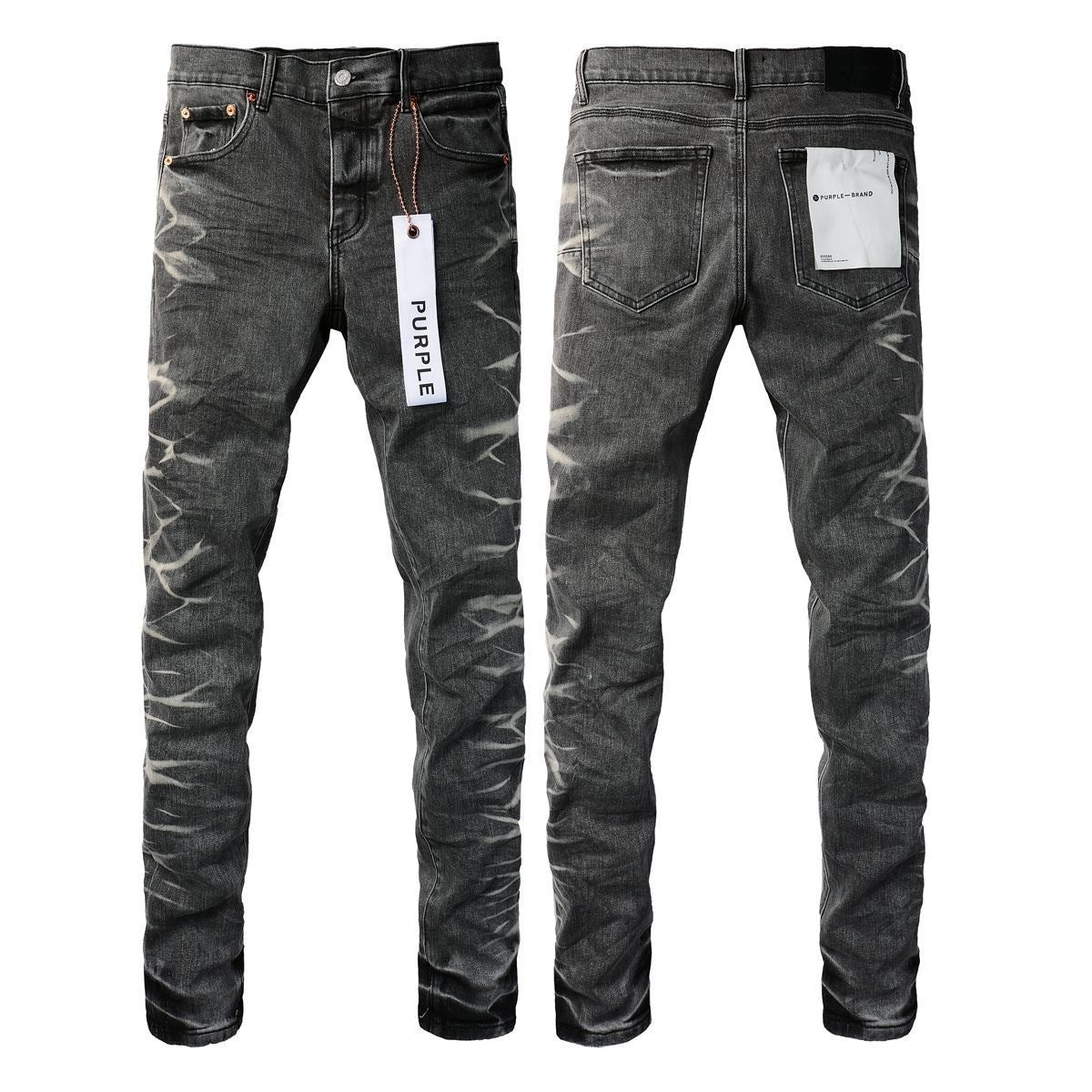 Luxury Non-Distressed Faded Black Denim with 3D Flame Bleach Patterns