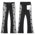 Luxury Marble Acid-Wash Bootcut Denim with Hand-Brushed Black Blotches