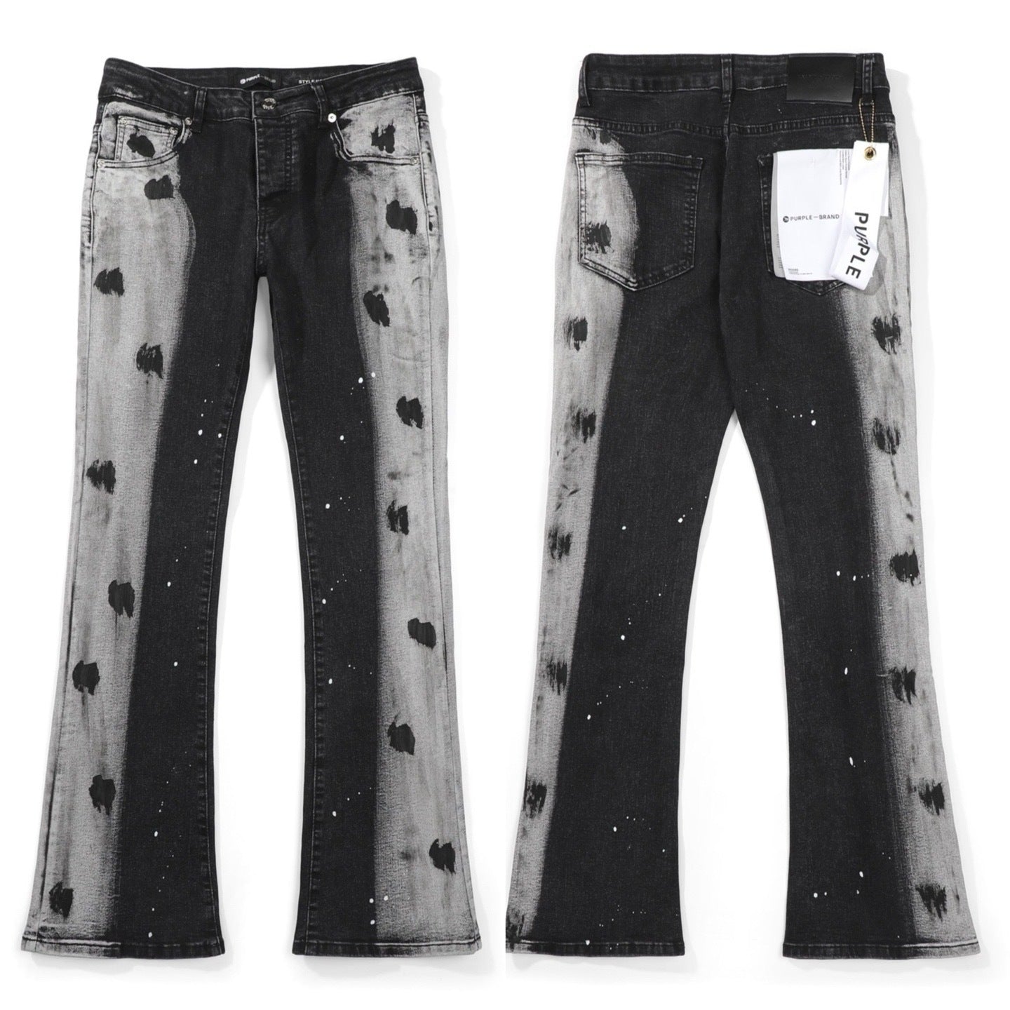 Luxury Marble Acid-Wash Bootcut Denim with Hand-Brushed Black Blotches