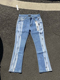 Luxury Mid-Blue Bootcut Denim with Hand-Brushed Black Paint Strips