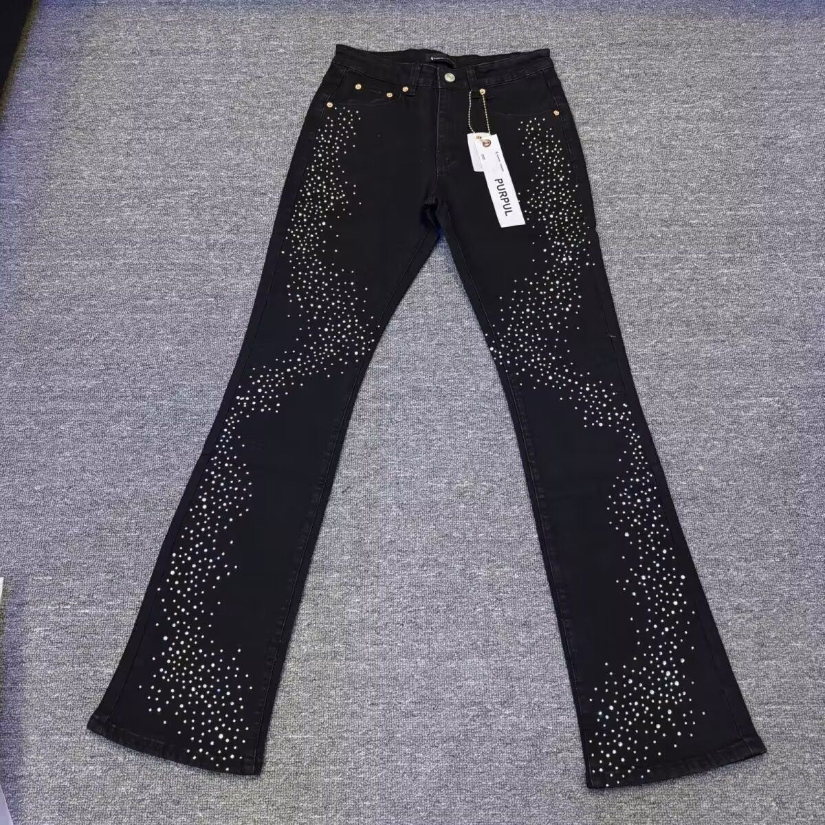 Luxury Pitch-Black Bootcut Denim with Crystal Starry Streamer Pattern