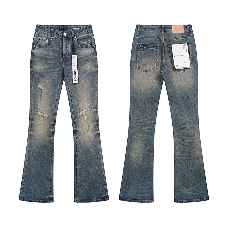 Vintage Mud-Wash Bootcut Denim with Heavy 3D Honeycombs & Ripped Knees