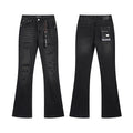 Gothic Pitch-Black Bootcut Denim with Mineral Wash & 3D Crinkle Effects