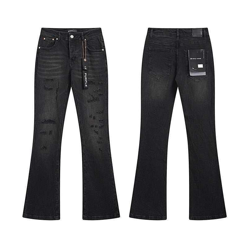 Gothic Pitch-Black Bootcut Denim with Mineral Wash & 3D Crinkle Effects