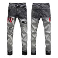 Luxury Ombré Black-to-Grey Destroyed Denim with Crimson Letter Applique