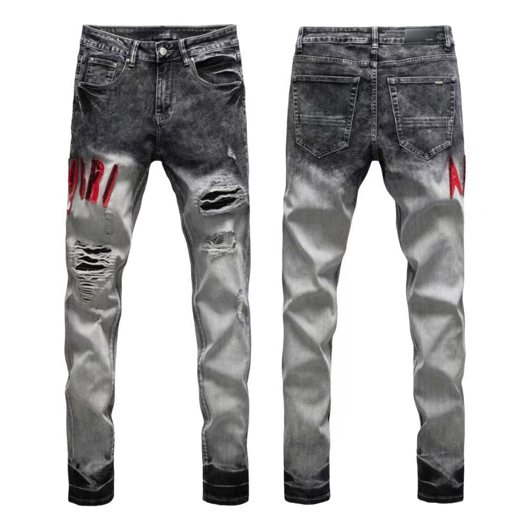 Luxury Ombré Black-to-Grey Destroyed Denim with Crimson Letter Applique
