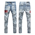 Luxury California Light-Wash Destroyed Denim with Crimson Letter Applique