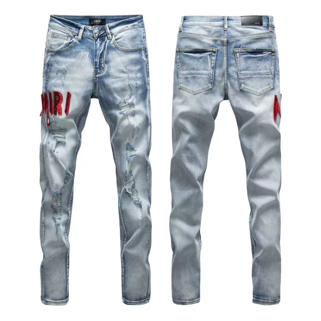 Luxury California Light-Wash Destroyed Denim with Crimson Letter Applique