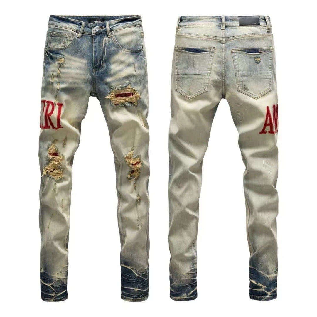 Luxury Wasteland Mid-Blue Destroyed Denim with Crimson Leather Letter Applique