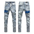Luxury California Light-Wash Destroyed Denim with Cobalt Blue Letter Applique